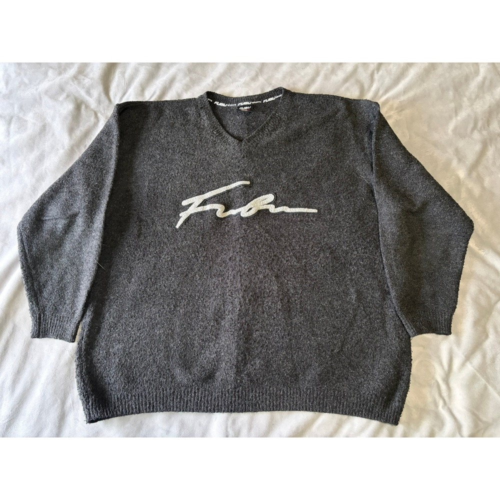 Vintage FUBU Sport Grey V-Neck Knit Sweater Script Logo Mens XXXL 90s Streetwear
